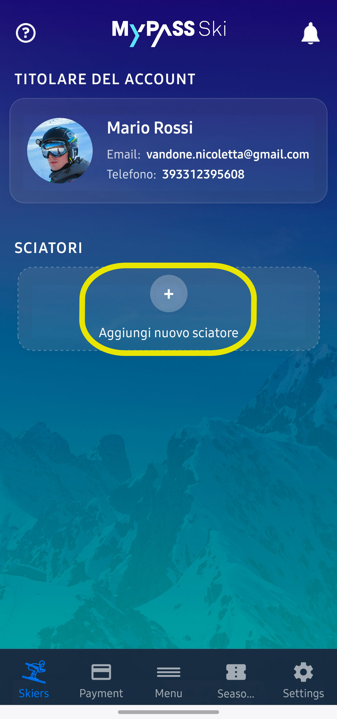 creare un account, Sciatori e Card