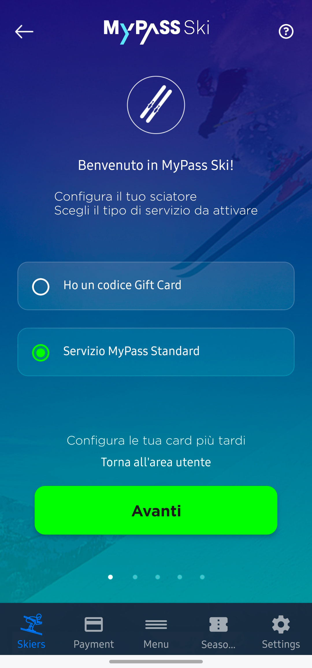 creare un account, Sciatori e Card