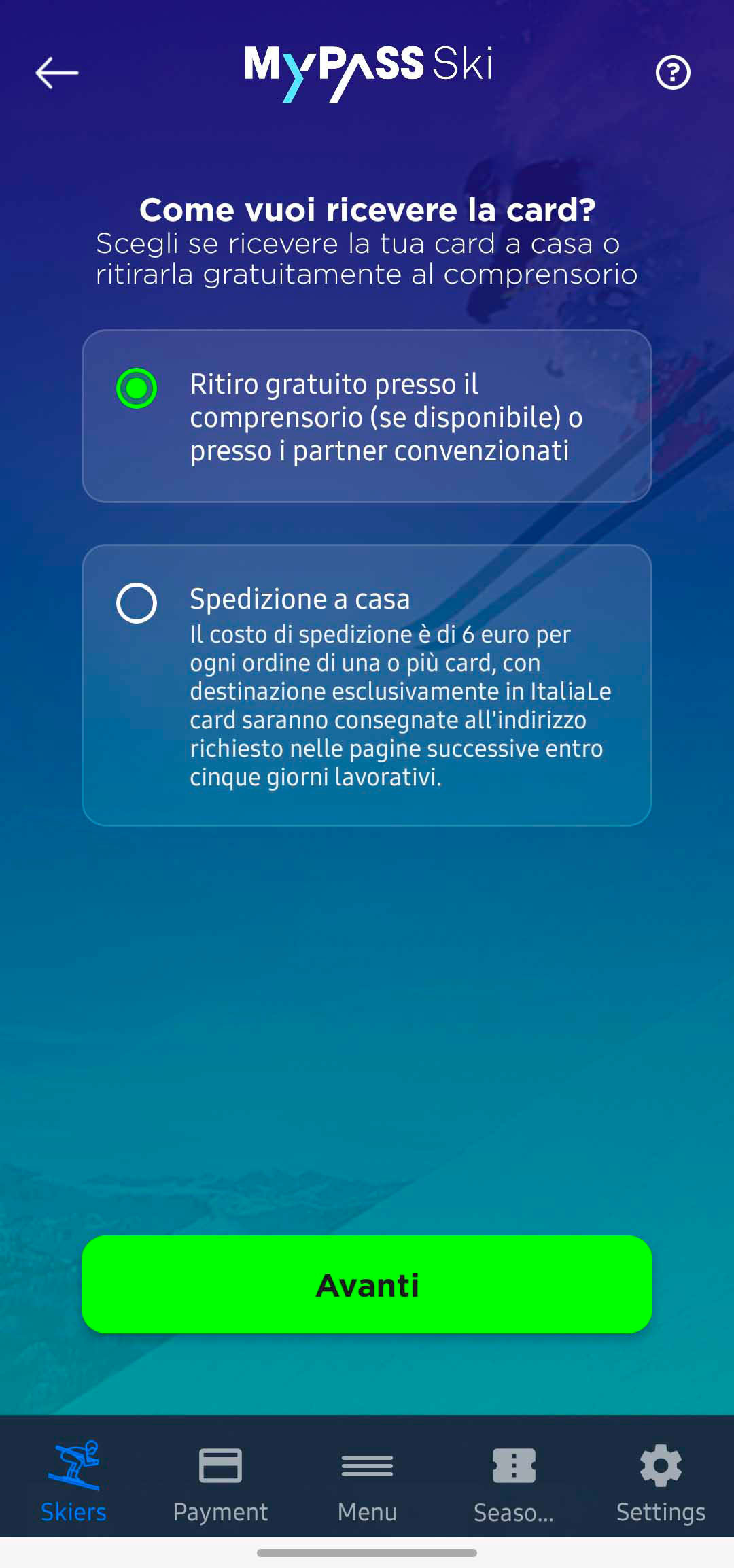 creare un account, Sciatori e Card
