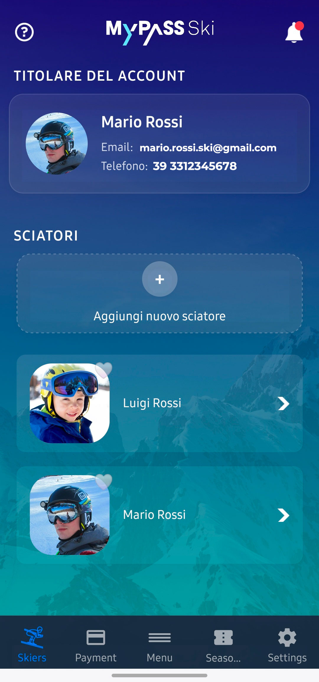creare un account, Sciatori e Card