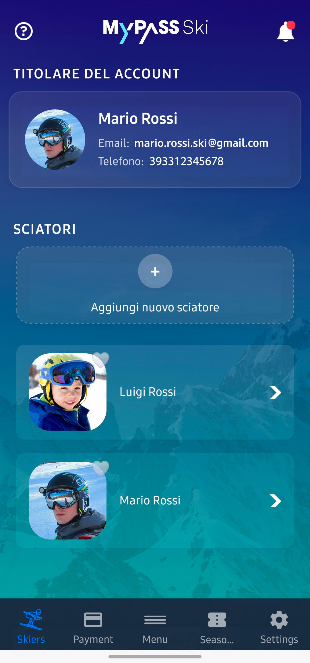 create an account, Skiers and Cards